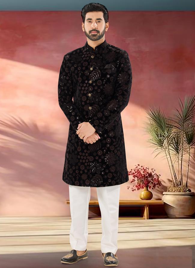 Velvet Wine Wedding Wear Embroidery Work Readymade Sherwani